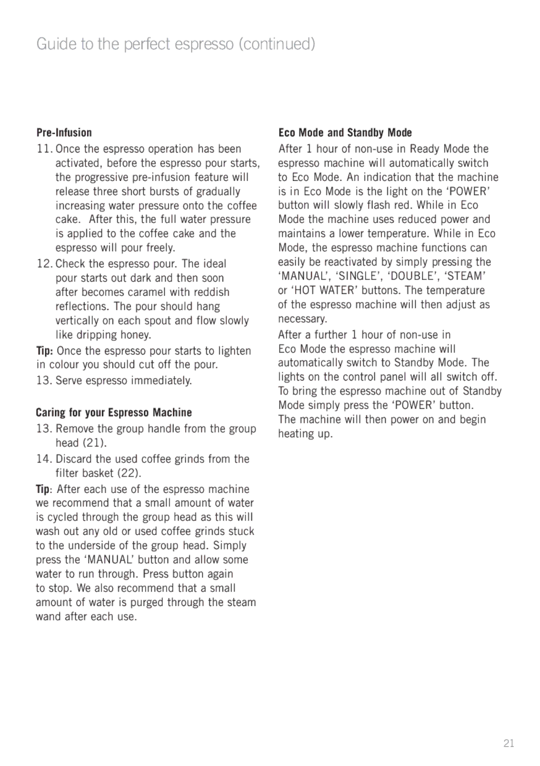 Sunbeam EM6200 Guide to the perfect espresso, Pre-Infusion, Caring for your Espresso Machine, Eco Mode and Standby Mode 