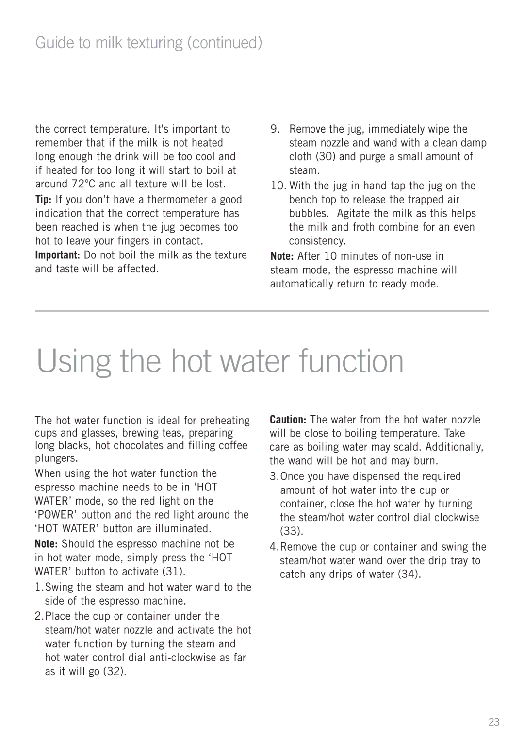 Sunbeam EM6200 manual Using the hot water function, Guide to milk texturing 