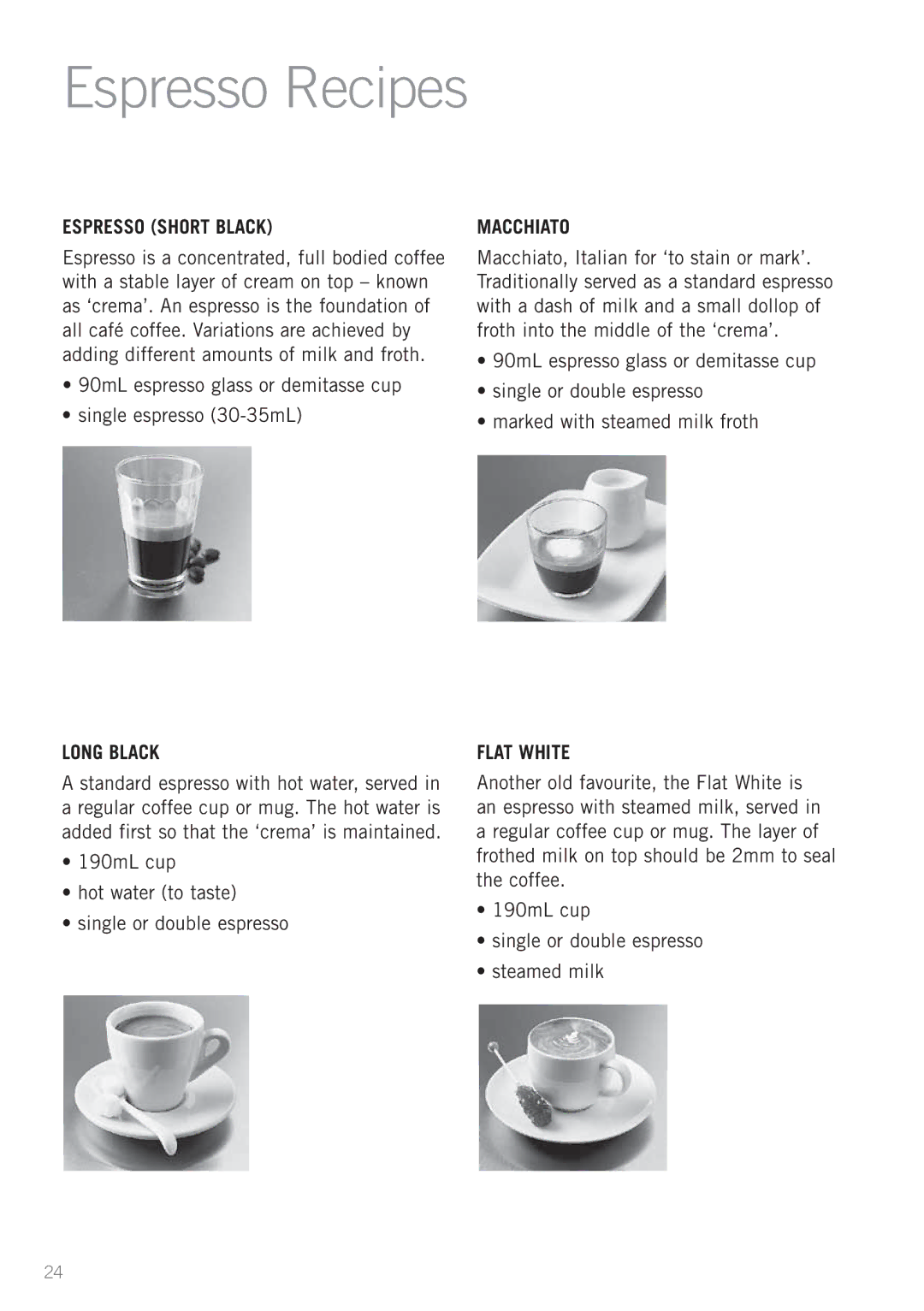 Sunbeam EM6200 manual Espresso Recipes, 190mL cup Hot water to taste Single or double espresso 