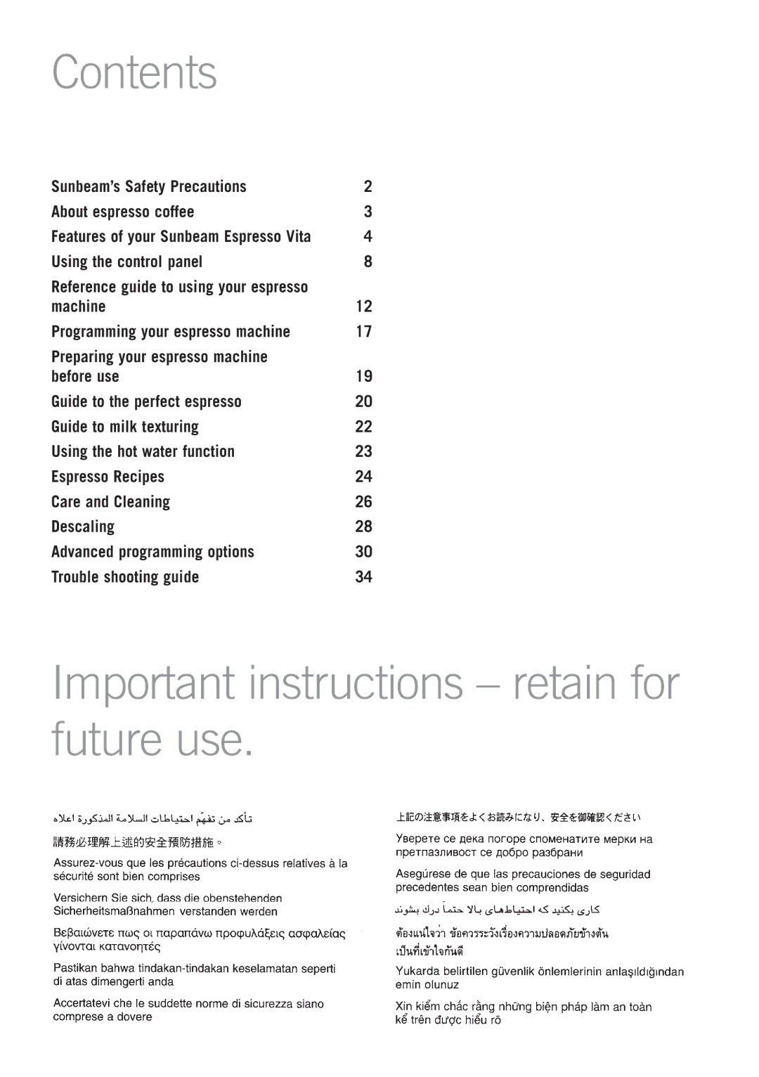 Sunbeam EM6200 manual Contents, Important instructions retain for future use 