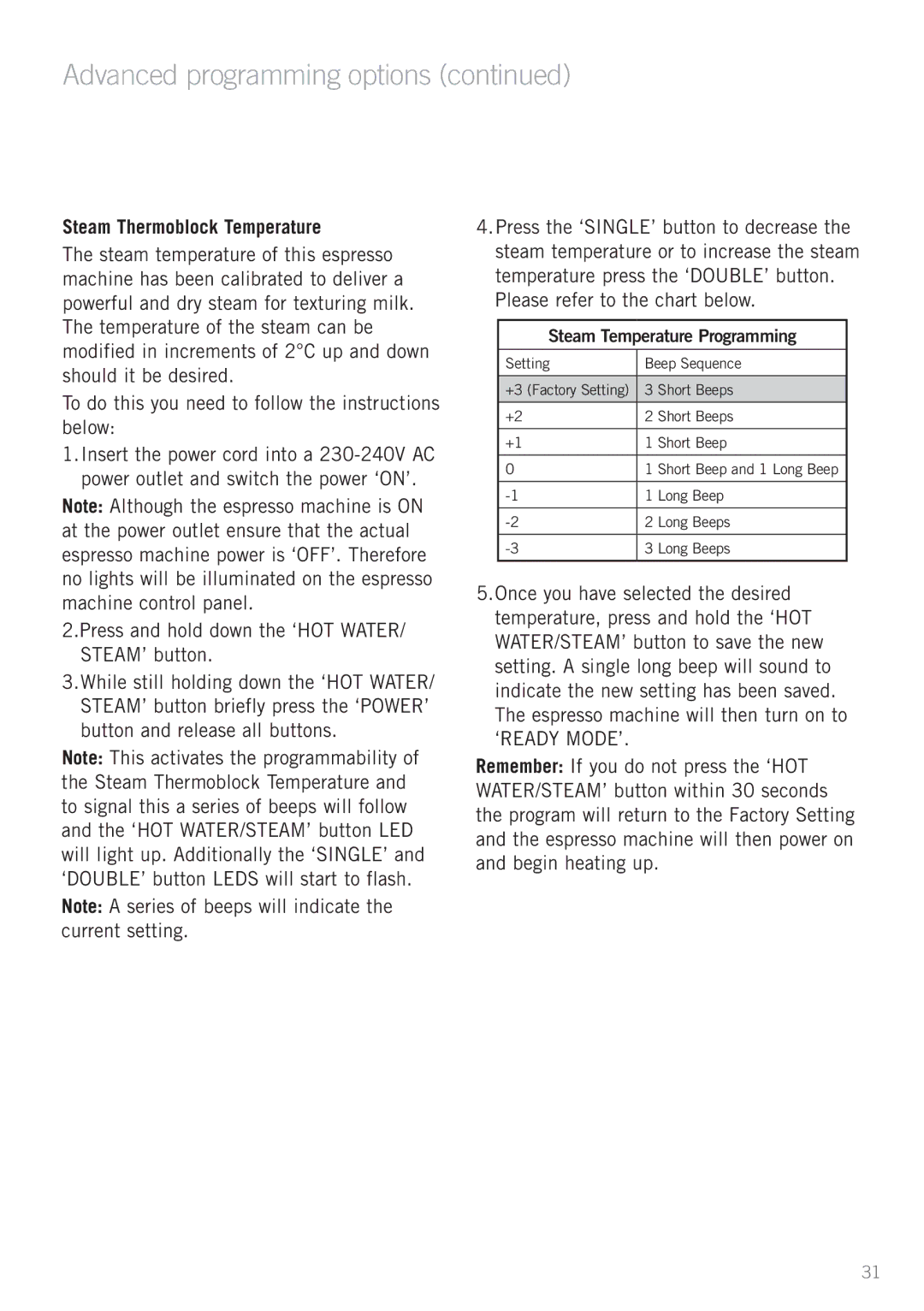 Sunbeam EM6200 manual Steam Thermoblock Temperature, Press and hold down the ‘HOT WATER/ STEAM’ button 