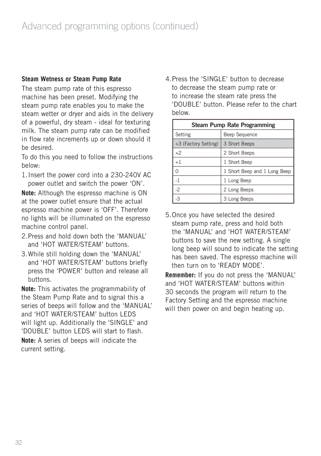 Sunbeam EM6200 manual Steam Wetness or Steam Pump Rate, Steam Pump Rate Programming 