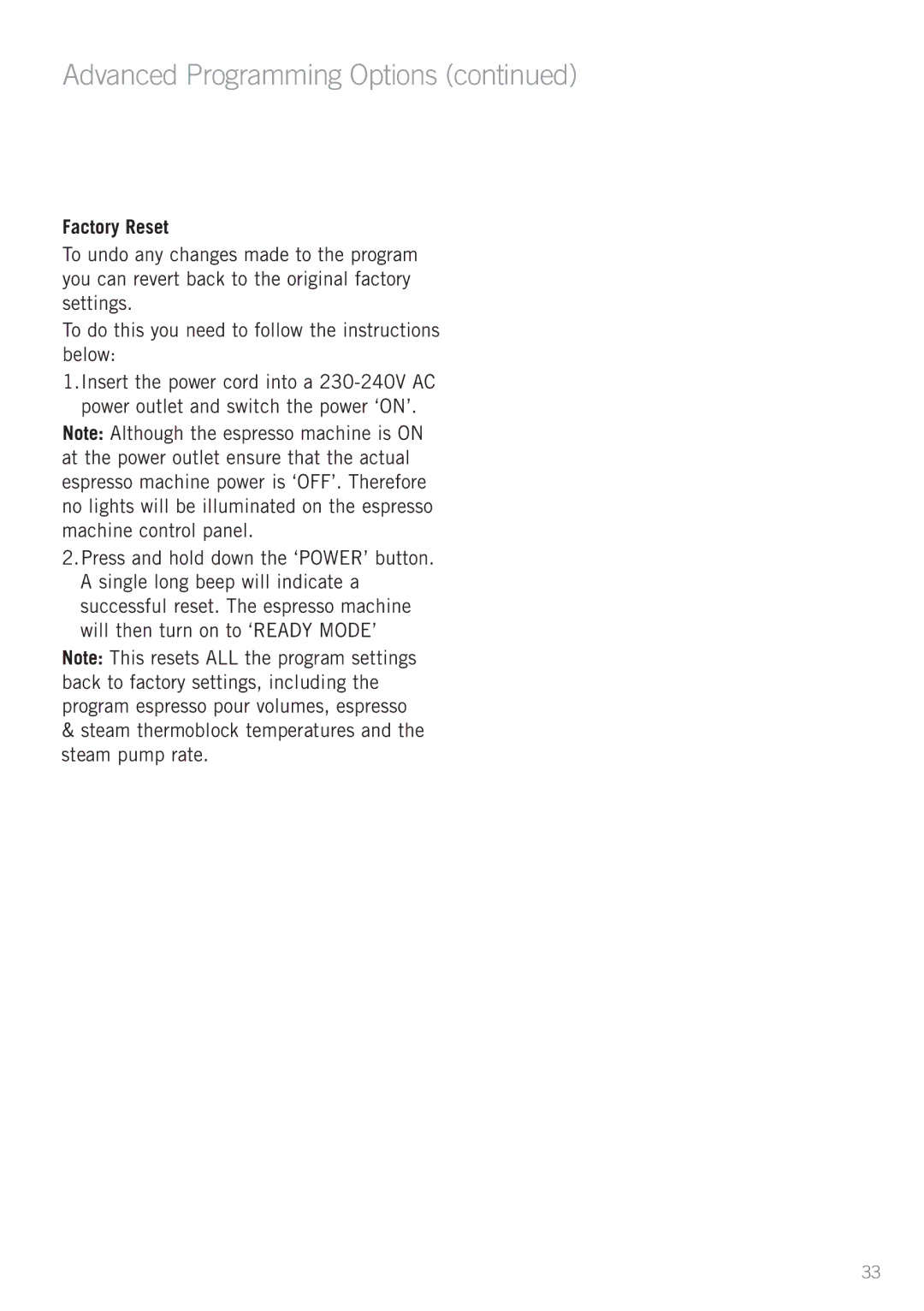 Sunbeam EM6200 manual Advanced Programming Options, Factory Reset, Steam thermoblock temperatures and the steam pump rate 