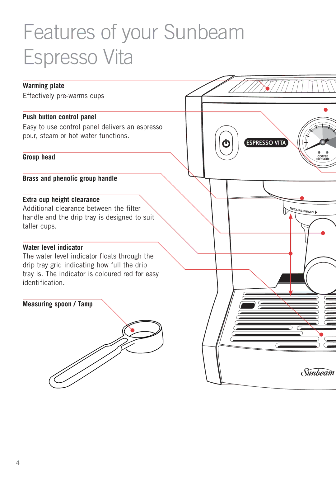 Sunbeam EM6200 Features of your Sunbeam Espresso Vita, Warming plate, Push button control panel, Water level indicator 