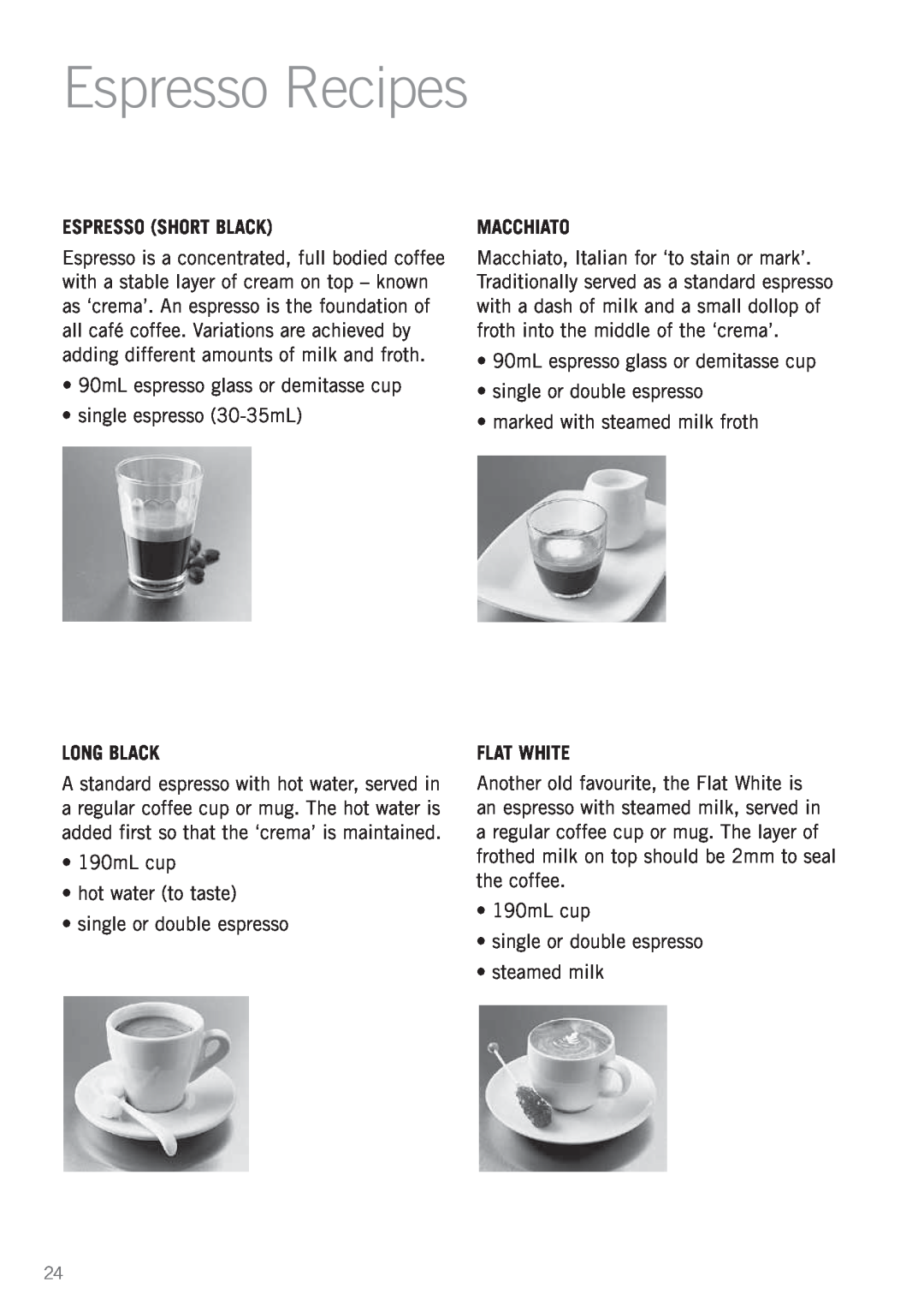 Sunbeam EM6200 manual Espresso Recipes, Espresso Short Black, Long Black, Macchiato, Flat White 
