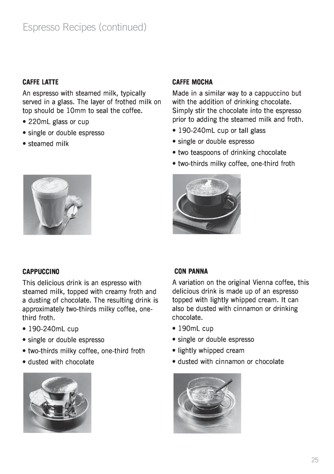 Sunbeam EM6200 manual Espresso Recipes continued, Caffe Latte, Cappuccino, Caffe Mocha, Con Panna 