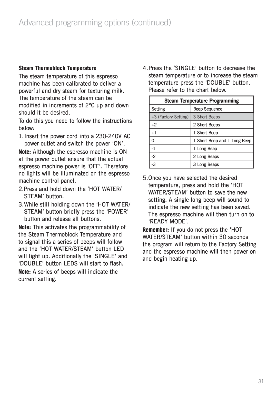 Sunbeam EM6200 manual Advanced programming options continued, Steam Thermoblock Temperature 