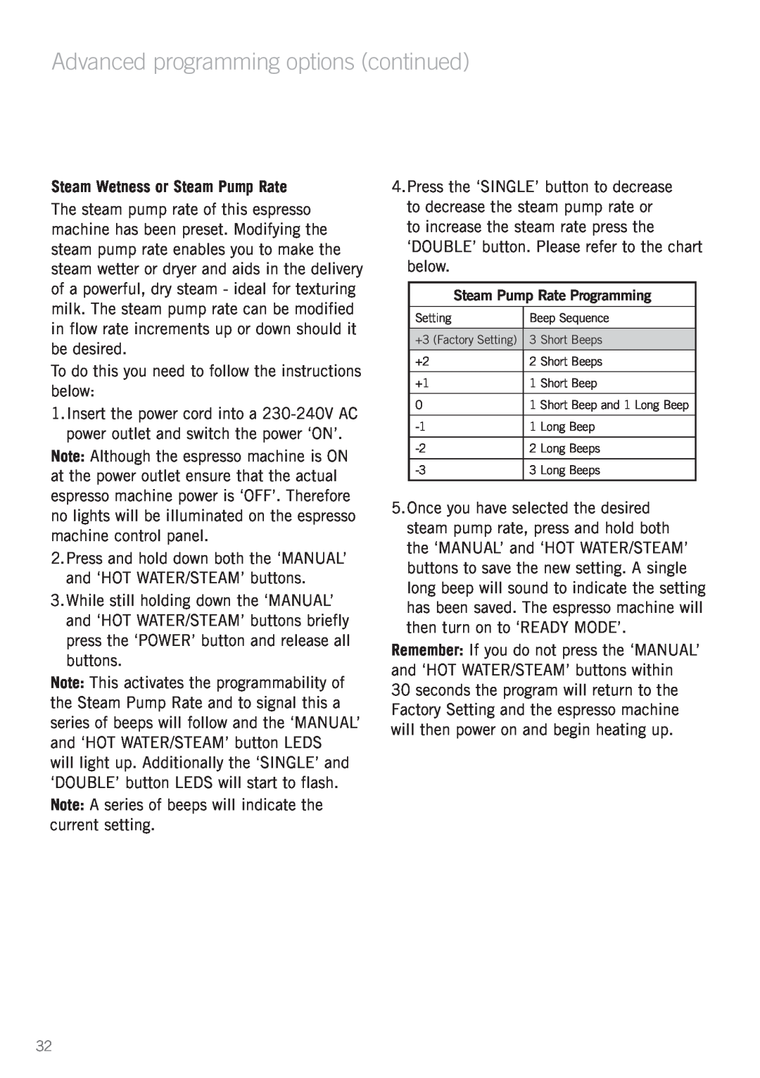 Sunbeam EM6200 manual Steam Wetness or Steam Pump Rate, Advanced programming options continued, Steam Pump Rate Programming 