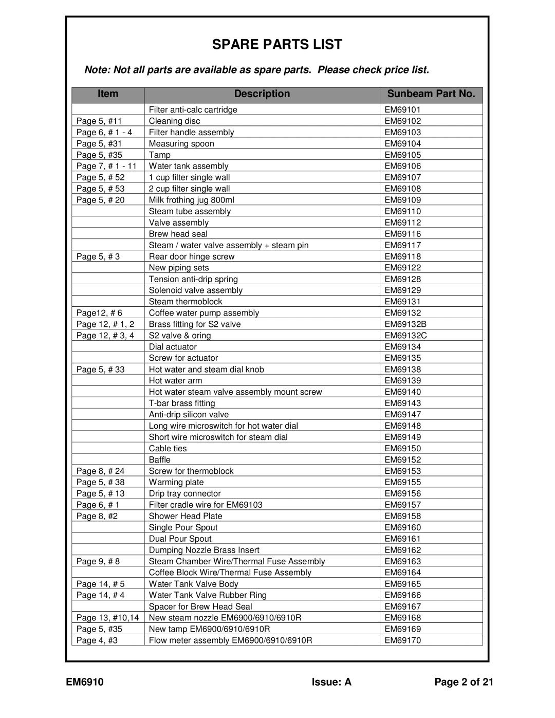 Sunbeam EM6910 service manual Spare Parts List 