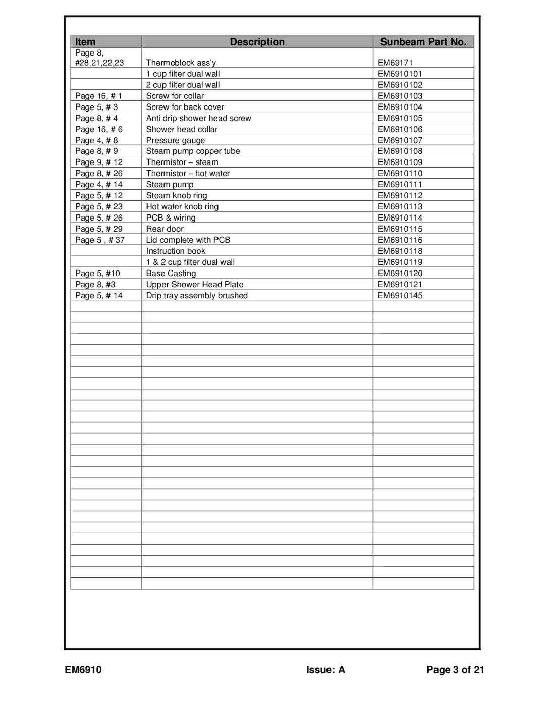 Sunbeam EM6910 service manual Description Sunbeam Part No 