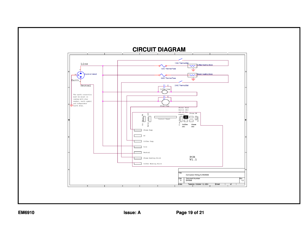 Sunbeam EM6910 service manual Circuit Diagram, Page 19 of, Issue A 