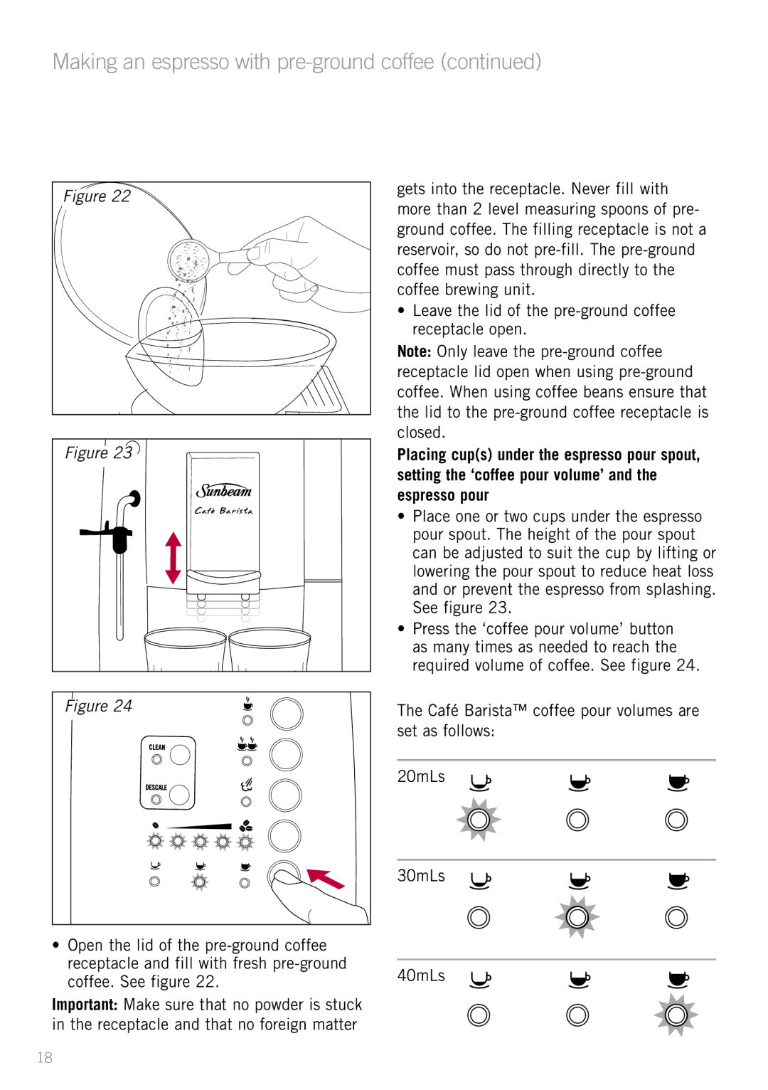 Sunbeam EM8800 manual Making an espresso with pre-ground coffee 