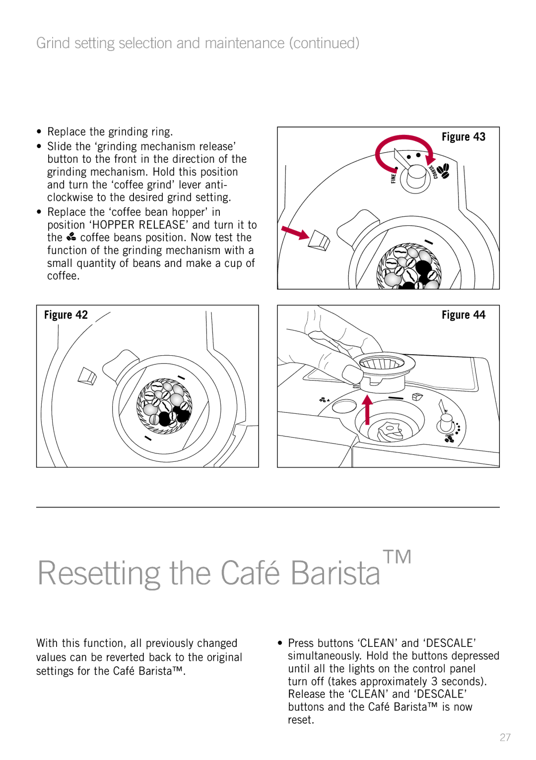 Sunbeam EM8800 manual Resetting the Café Barista, Grind setting selection and maintenance 