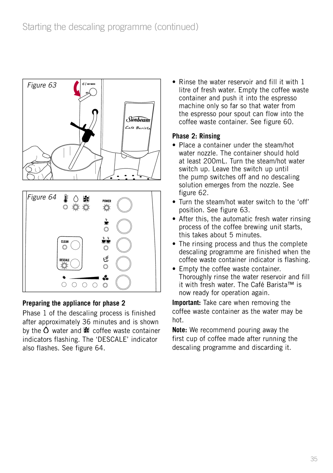 Sunbeam EM8800 manual Preparing the appliance for phase, Phase 2 Rinsing 