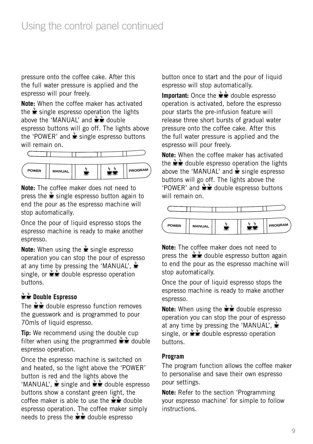 Sunbeam EM8900 manual Using the control panel, Double Espresso, Program 