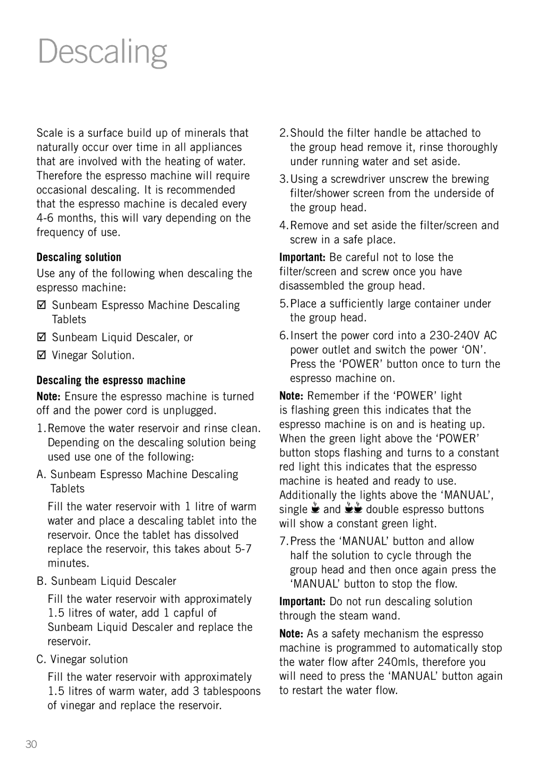 Sunbeam EM8900 manual Descaling solution, Descaling the espresso machine 