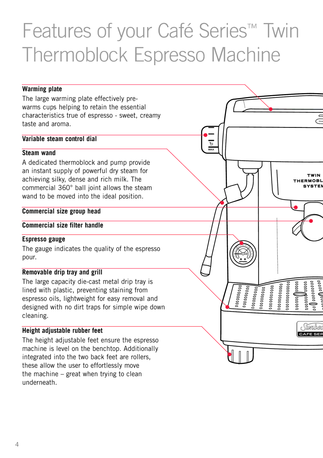 Sunbeam EM8900 manual Warming plate, Variable steam control dial Steam wand, Removable drip tray and grill 