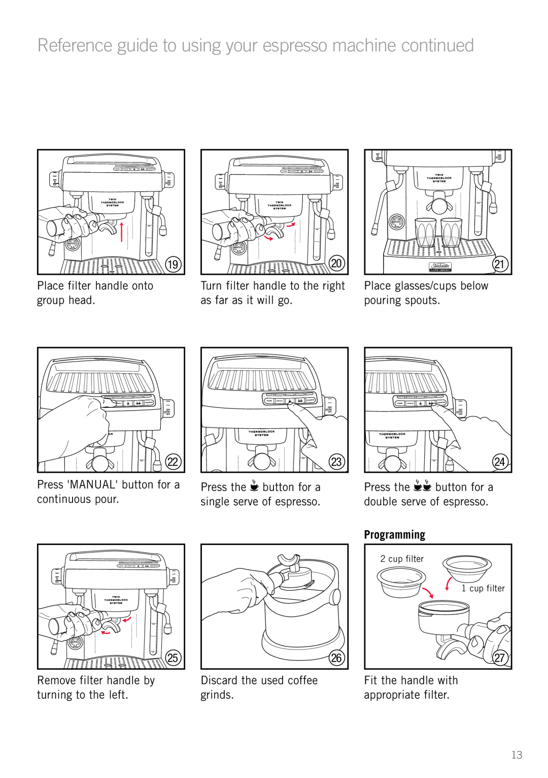 Sunbeam EM8900 manual Programming, Reference guide to using your espresso machine continued 
