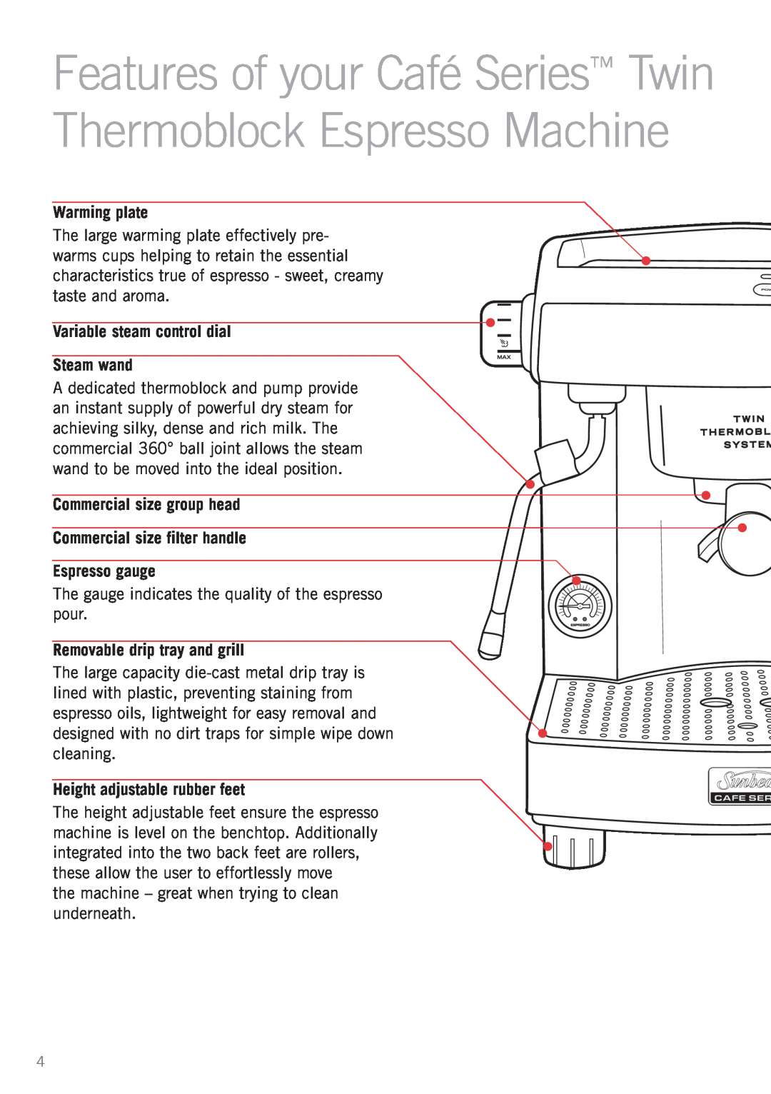 Sunbeam EM8900 manual Features of your Café Series Twin Thermoblock Espresso Machine, Warming plate, Espresso gauge 