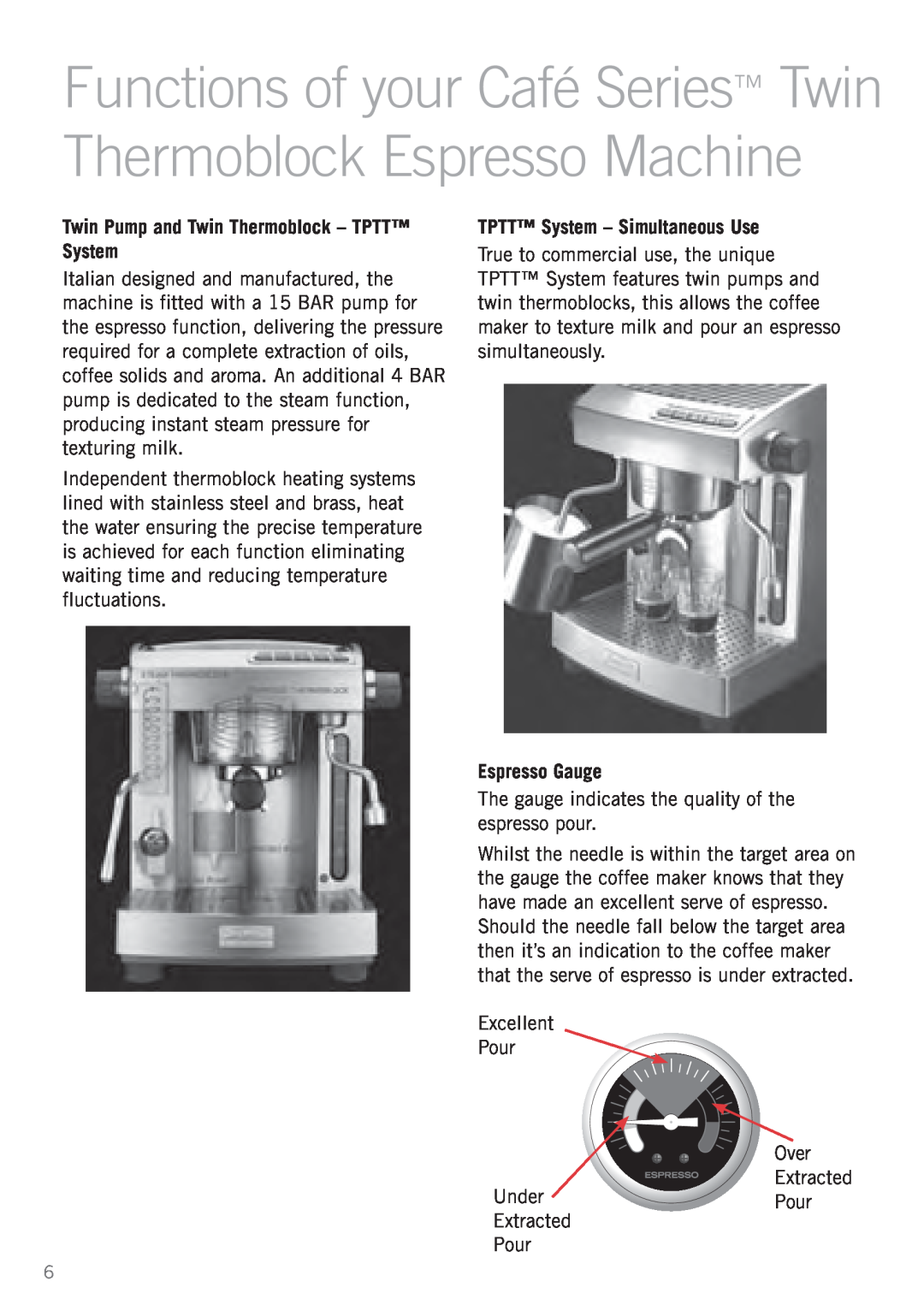 Sunbeam EM8900 manual Functions of your Café Series Twin Thermoblock Espresso Machine, TPTT System - Simultaneous Use 