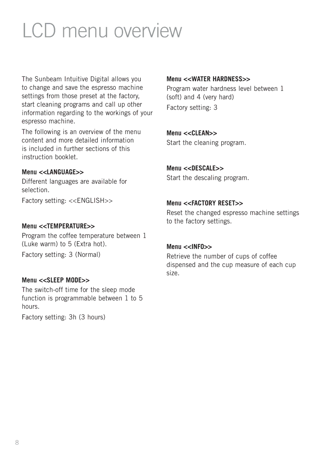 Sunbeam EM8910 manual LCD menu overview 