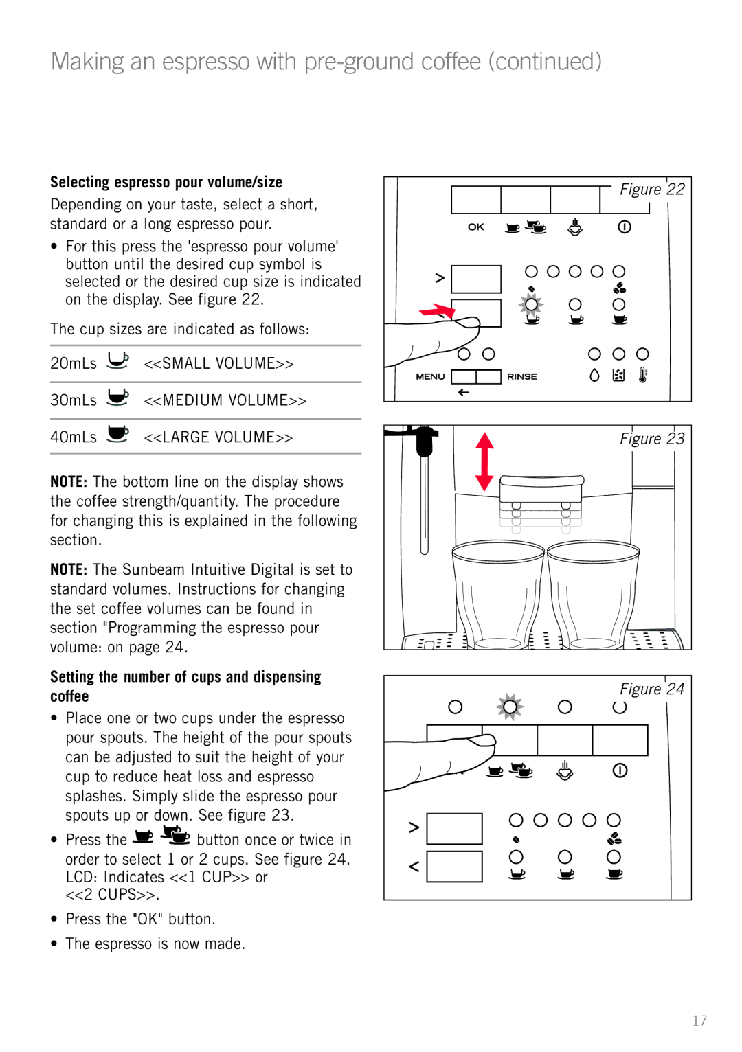 Sunbeam EM8910 manual Making an espresso with pre-ground coffee, Selecting espresso pour volume/size 