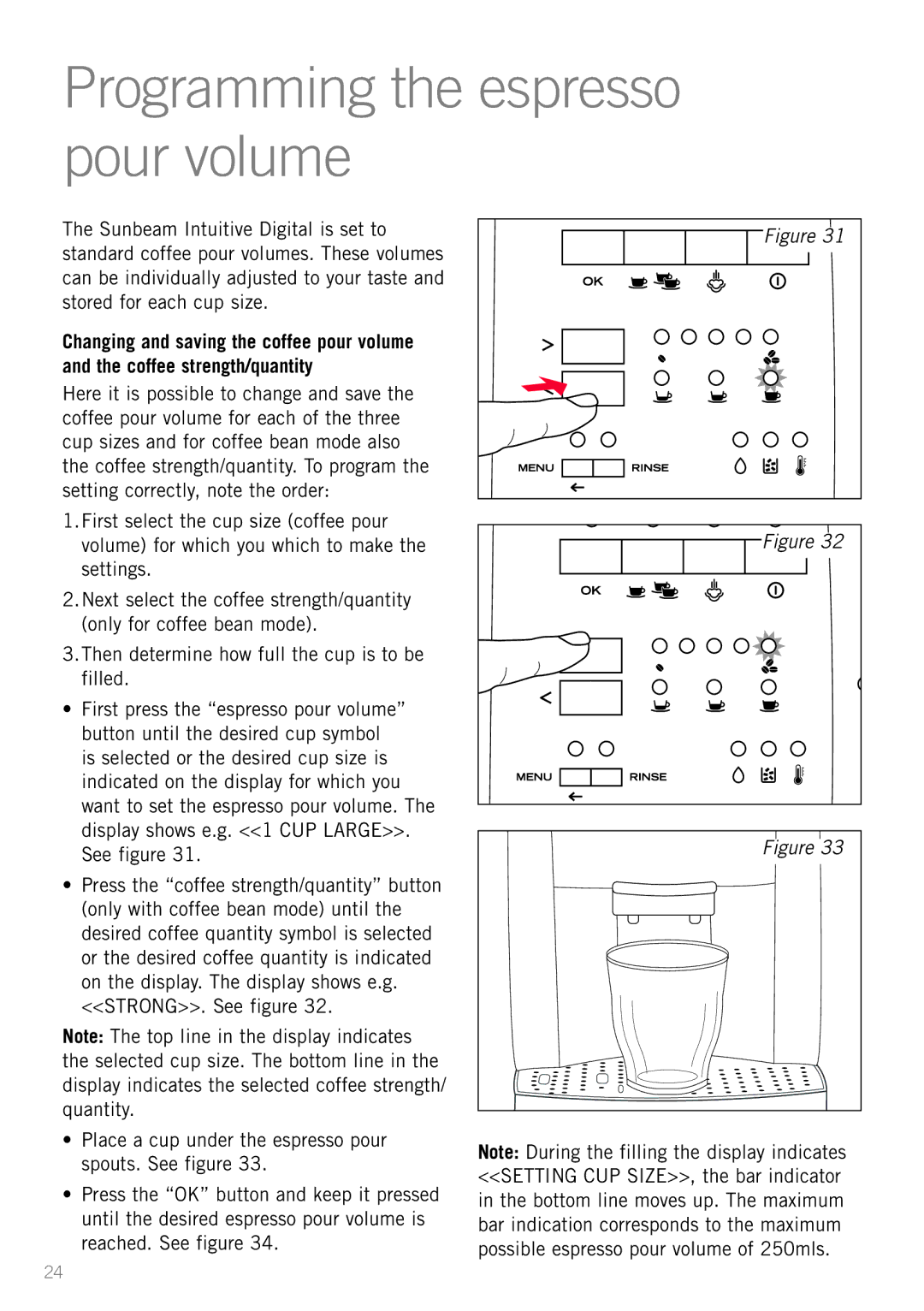 Sunbeam EM8910 manual Programming the espresso pour volume 