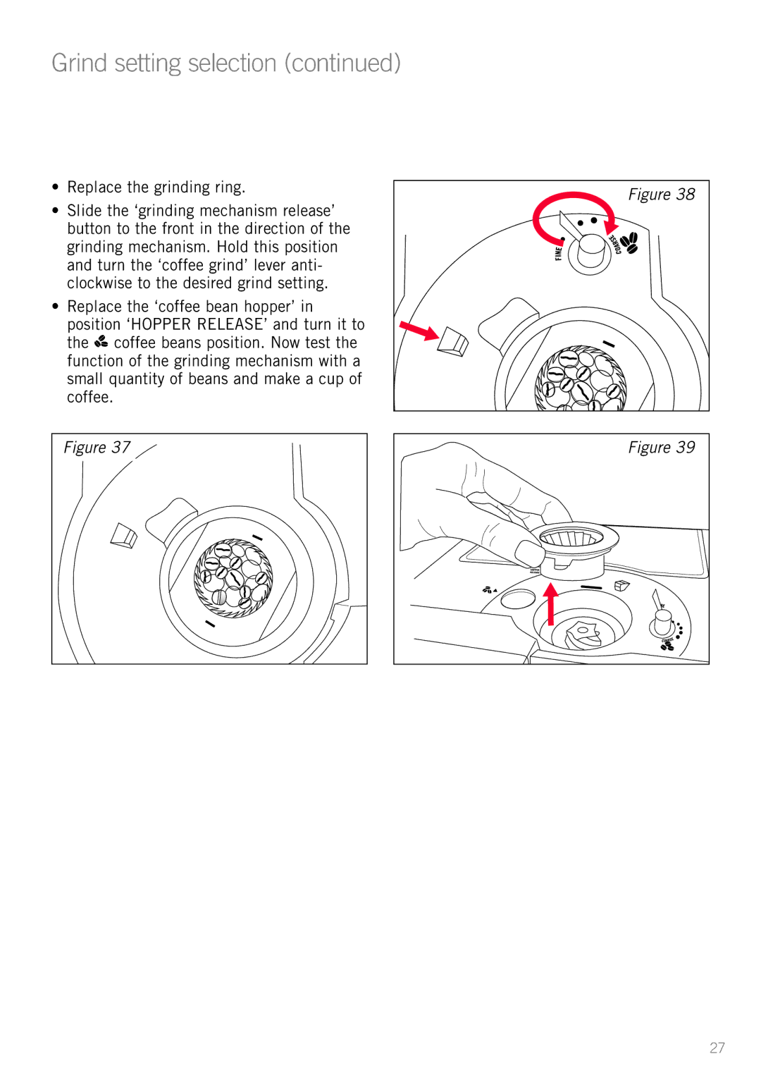 Sunbeam EM8910 manual Grind setting selection, Replace the grinding ring 