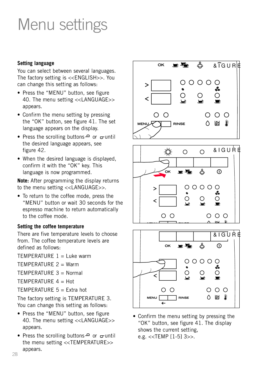 Sunbeam EM8910 manual Menu settings, Setting language, Setting the coffee temperature 