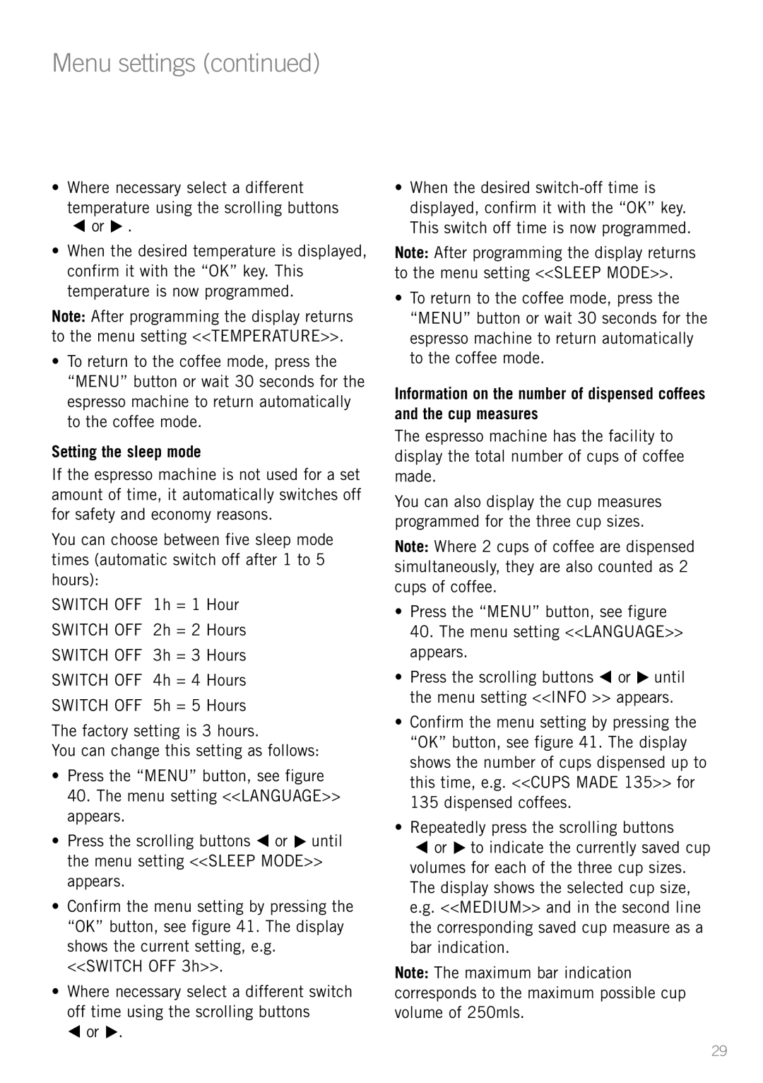 Sunbeam EM8910 manual Menu settings, Setting the sleep mode 