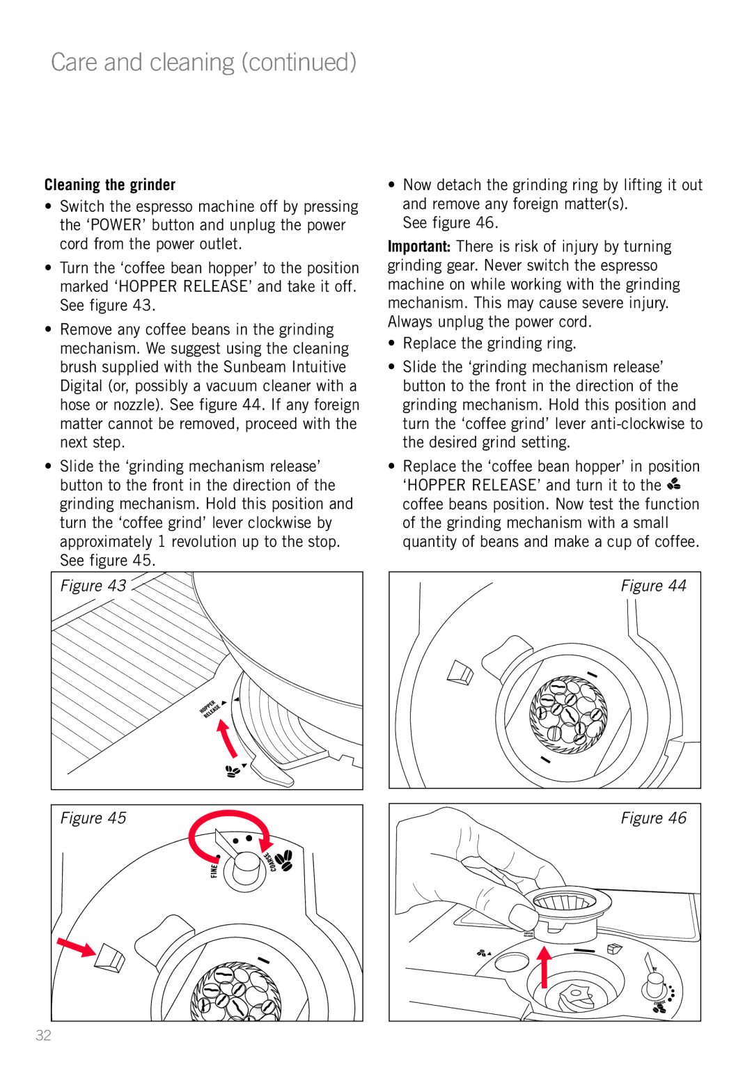 Sunbeam EM8910 manual Care and cleaning, Cleaning the grinder 