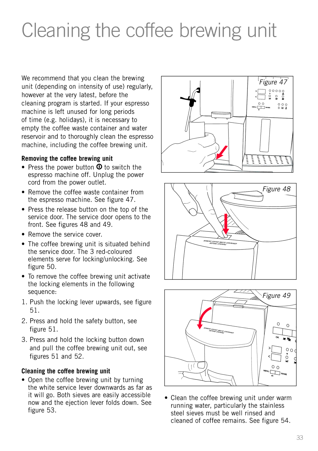 Sunbeam EM8910 manual Cleaning the coffee brewing unit, Removing the coffee brewing unit 