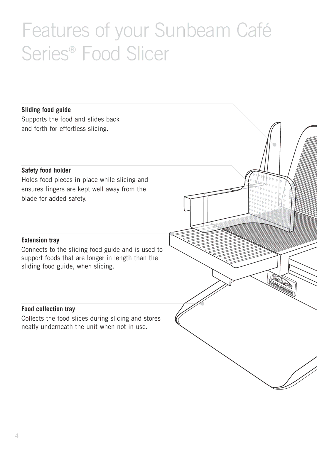 Sunbeam ES9600 Features of your Sunbeam Café Series Food Slicer, Sliding food guide, Safety food holder, Extension tray 