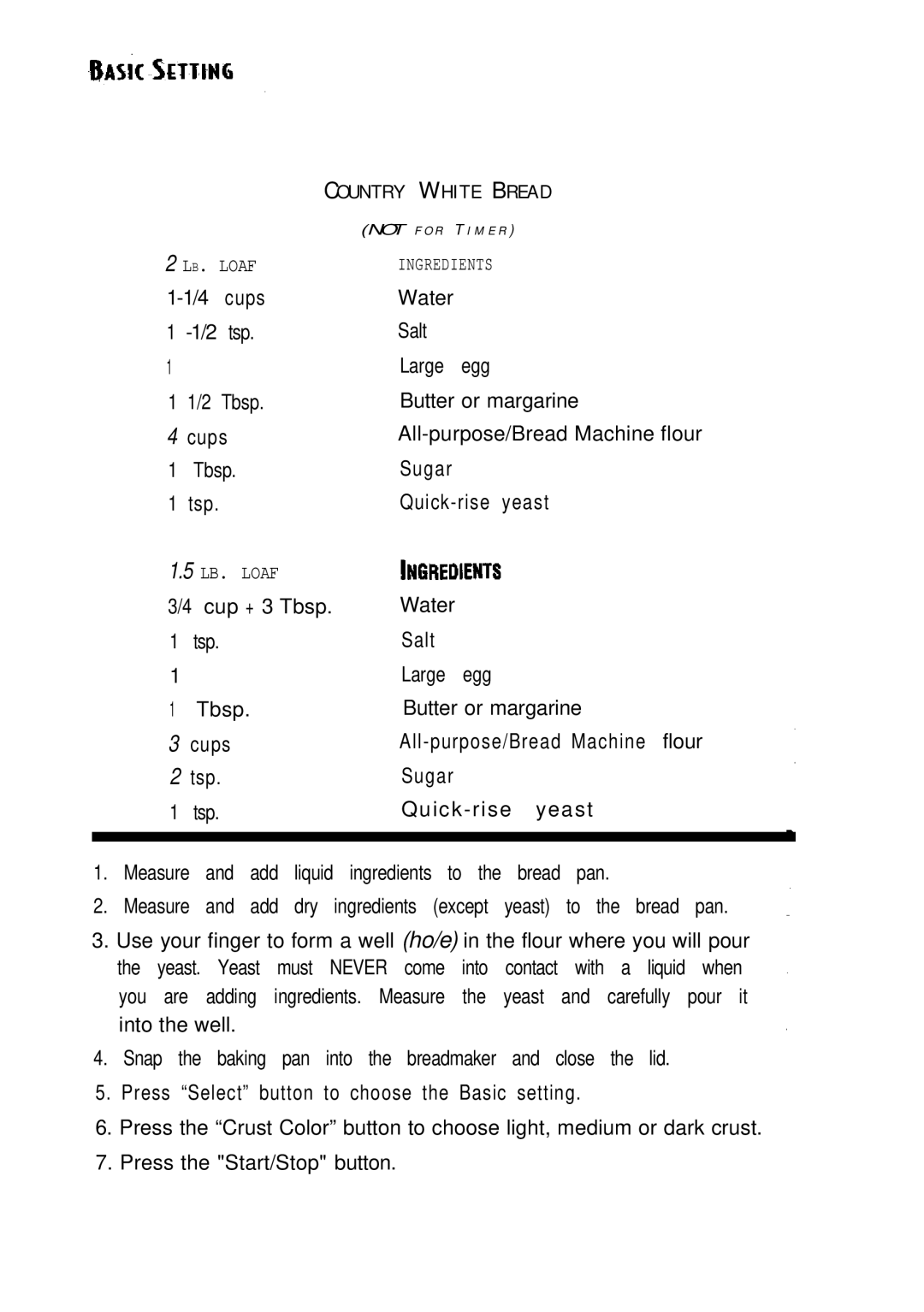 Sunbeam EXPRESSBAKETM Breadmaker user manual CO U N T R Y W H I T E B R E a D 