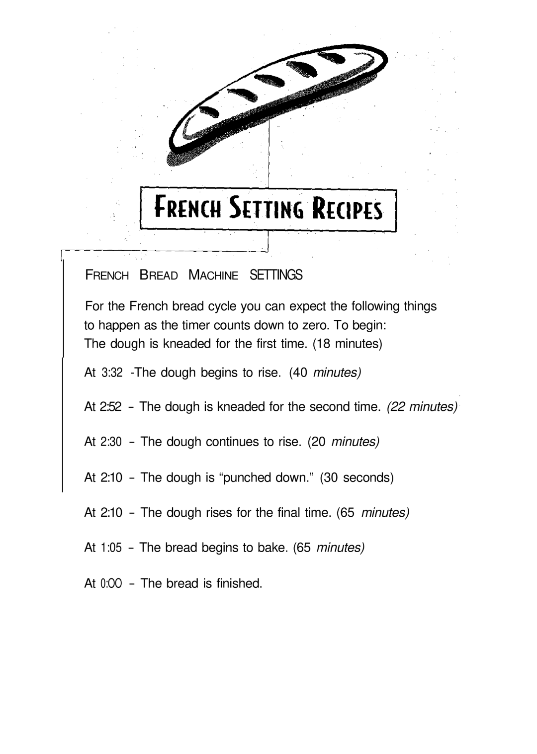 Sunbeam EXPRESSBAKETM Breadmaker user manual French Bread Machine Settings 