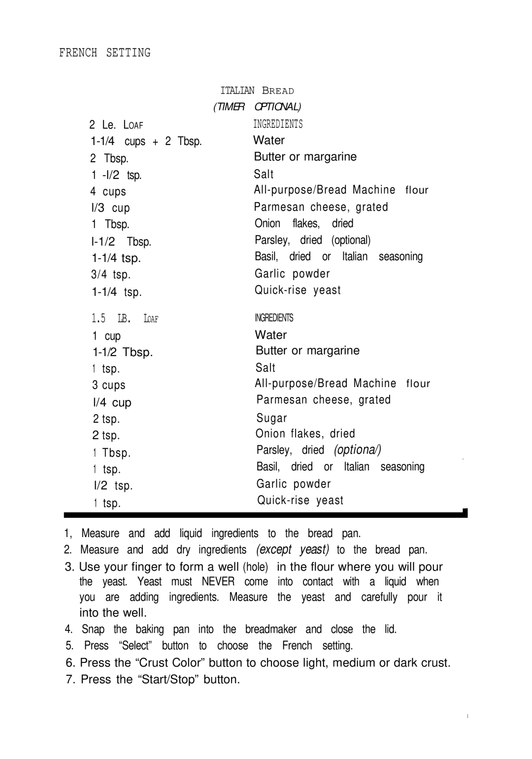 Sunbeam EXPRESSBAKETM Breadmaker user manual French Setting 