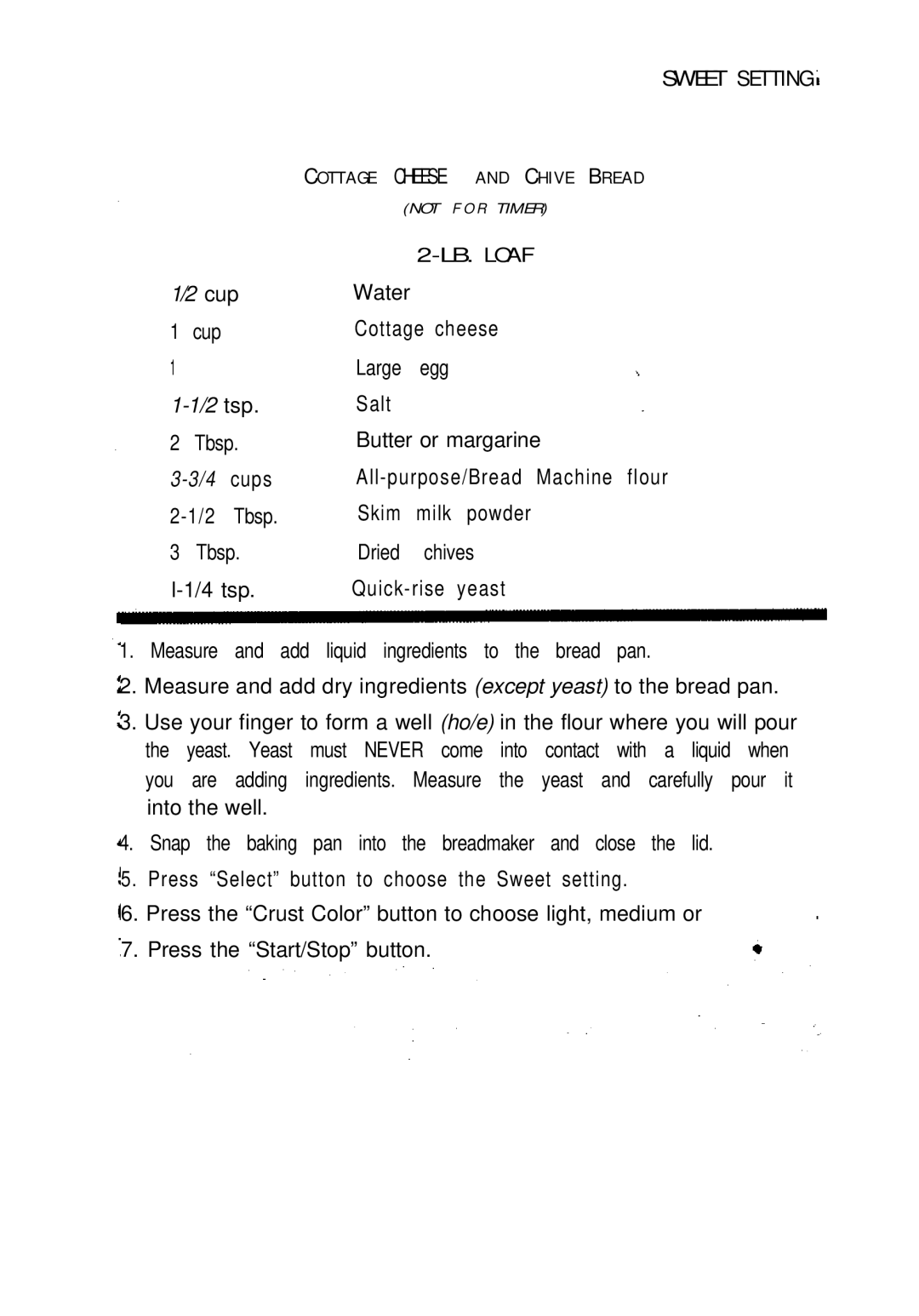 Sunbeam EXPRESSBAKETM Breadmaker user manual Sweet Setting, LB. Loaf 