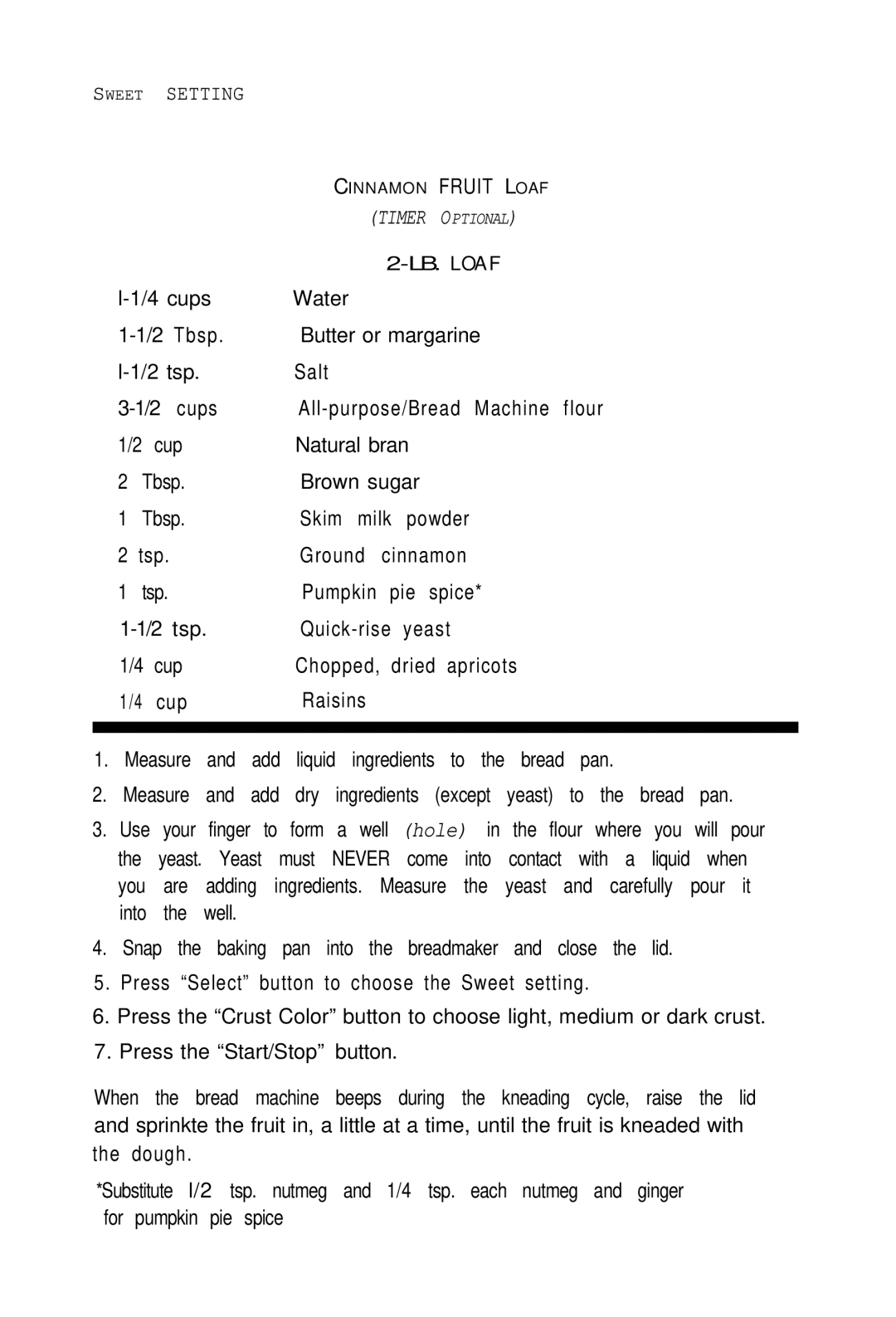 Sunbeam EXPRESSBAKETM Breadmaker user manual Pie spice 