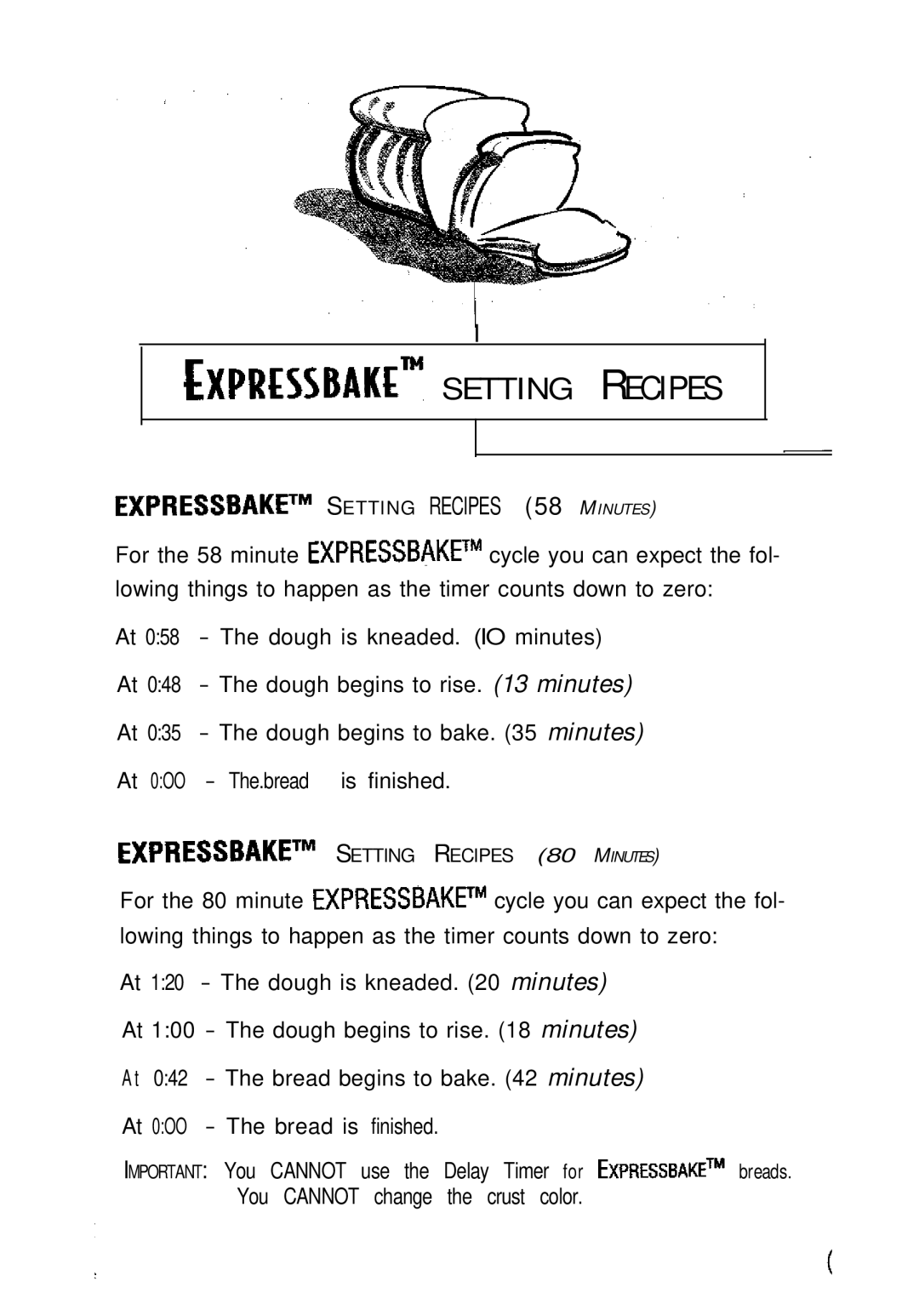 Sunbeam EXPRESSBAKETM Breadmaker user manual EXPRE~SBAKEM Setting Recipes 