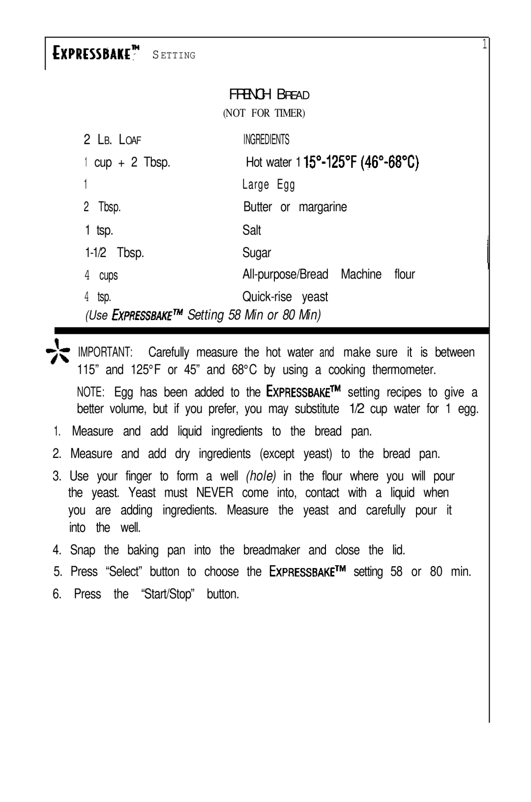 Sunbeam EXPRESSBAKETM Breadmaker user manual French Bread 