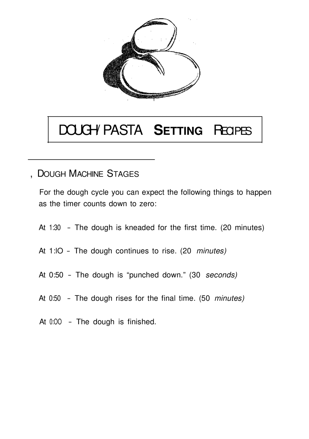 Sunbeam EXPRESSBAKETM Breadmaker user manual DOUGH/PASTA Setting Recipes 