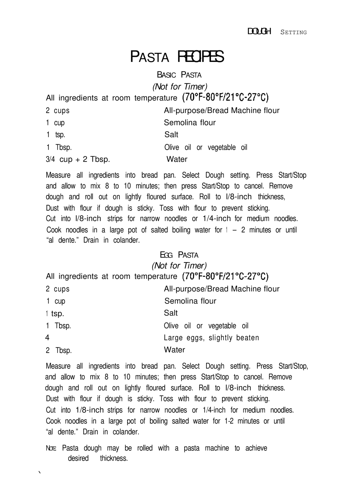 Sunbeam EXPRESSBAKETM Breadmaker user manual Basic Pasta, EGG Pasta 