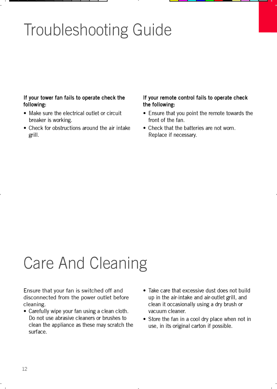 Sunbeam FA7200 manual Troubleshooting Guide, Care And Cleaning, If your tower fan fails to operate check the following 