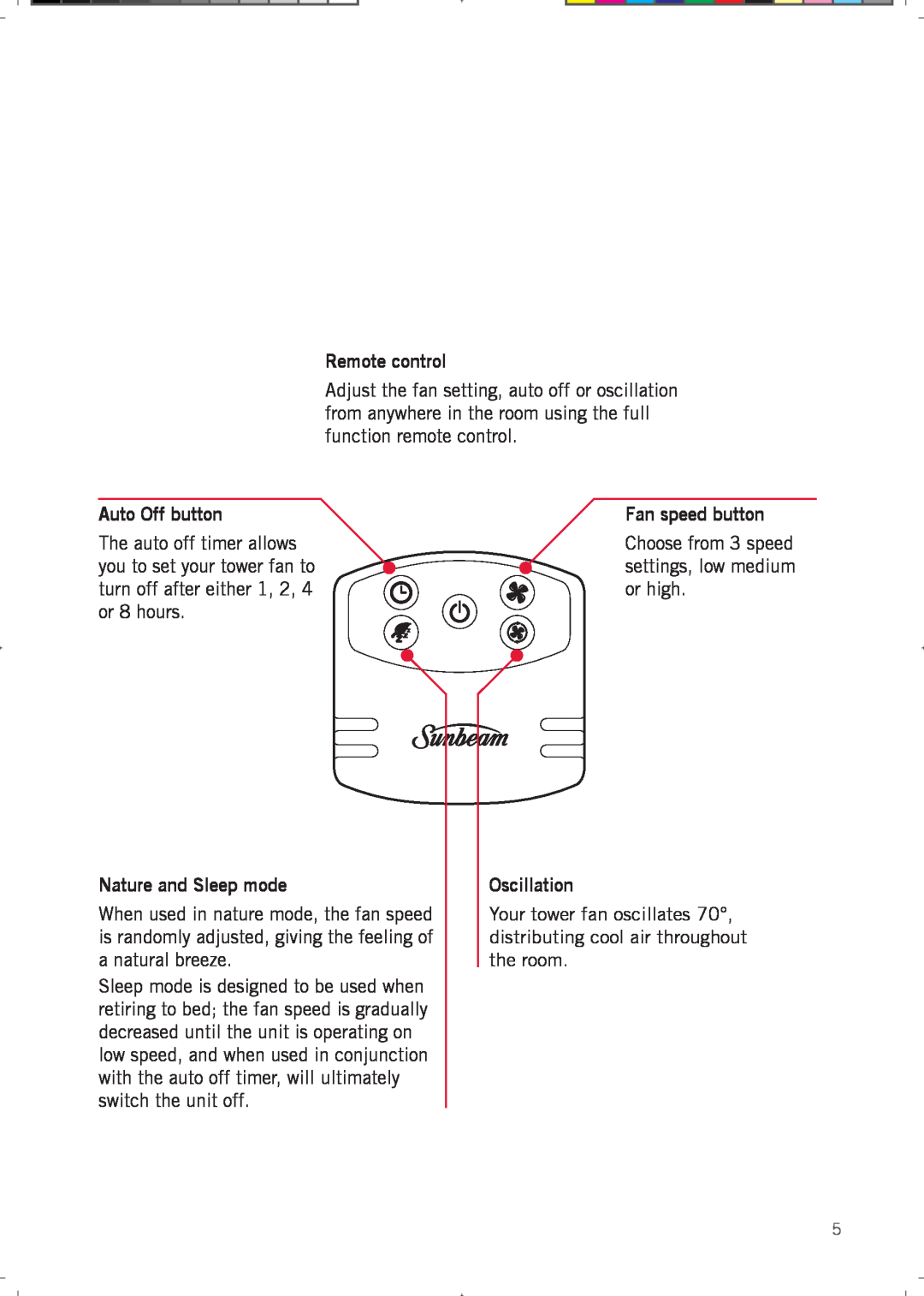 Sunbeam FA7200 manual Remote control, Auto Off button, Nature and Sleep mode, Oscillation 