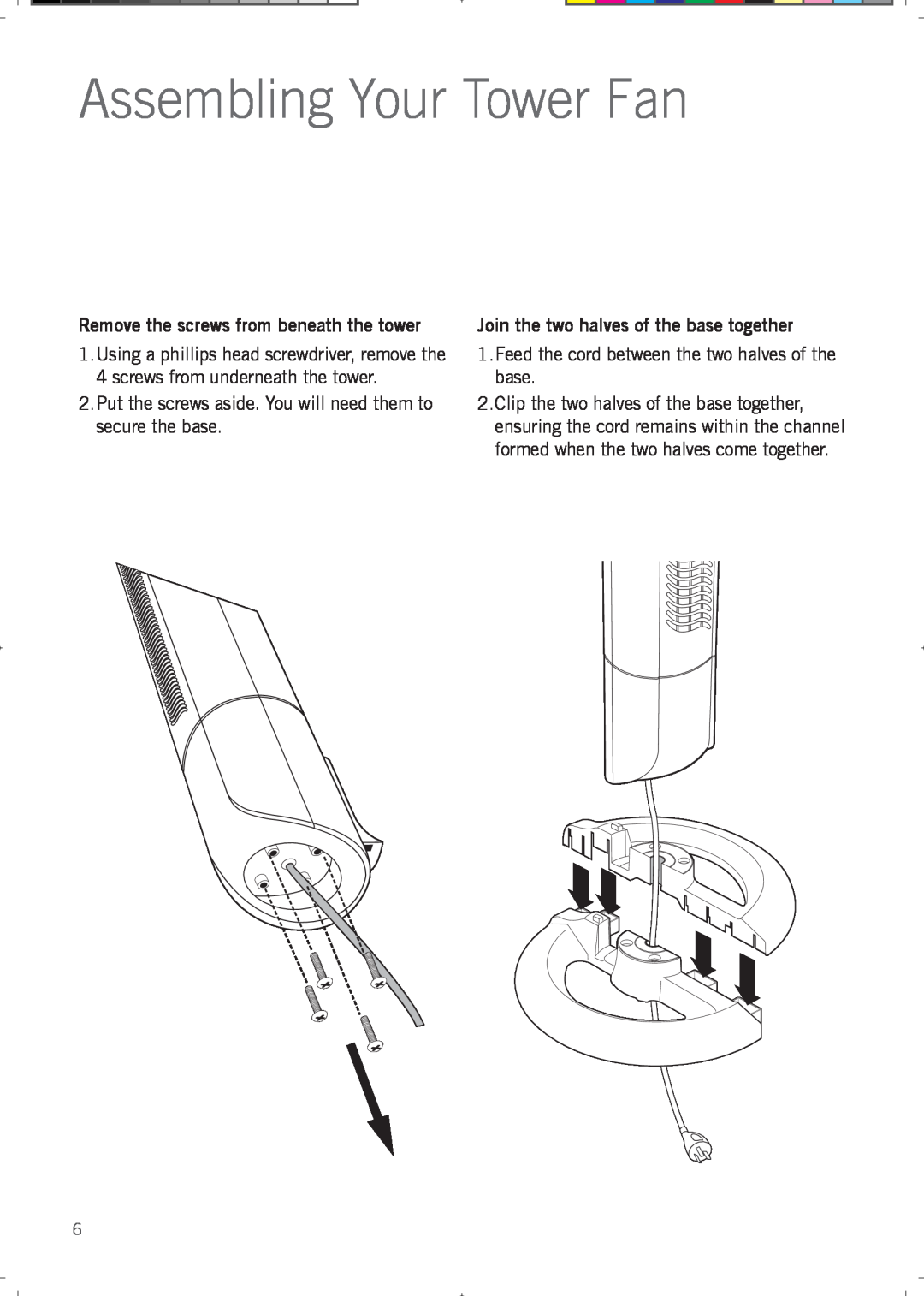 Sunbeam FA7200 manual Assembling Your Tower Fan, Remove the screws from beneath the tower 