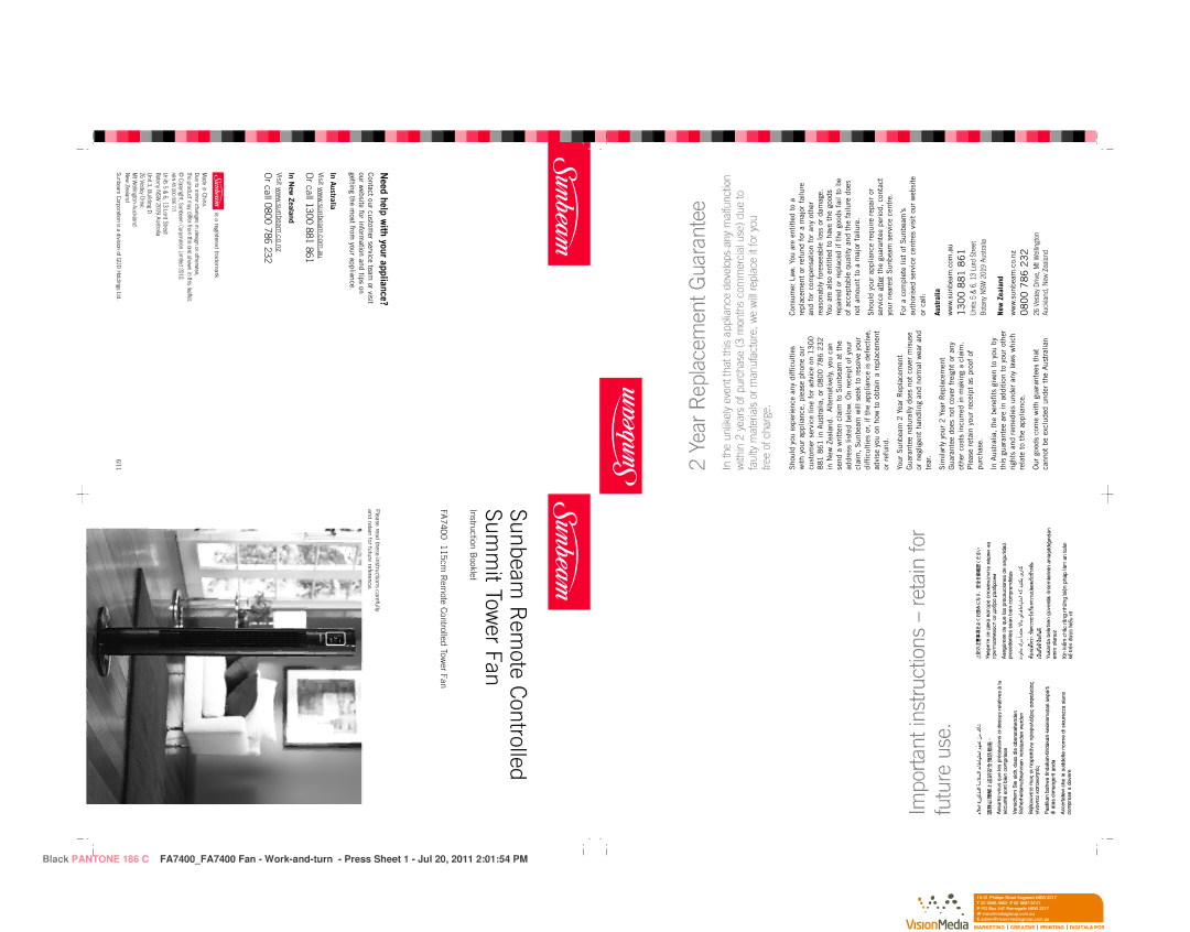 Sunbeam FA7400 manual Year Replacement Guarantee, Important instructions retain for future use 