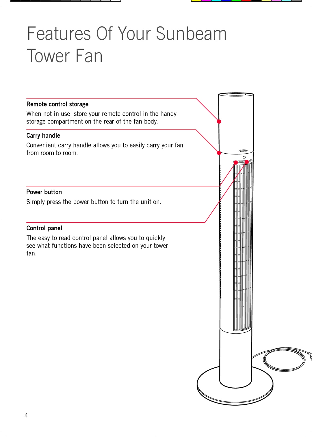 Sunbeam FA7500 manual Features Of Your Sunbeam Tower Fan, Remote control storage, Carry handle, Power button, Control panel 