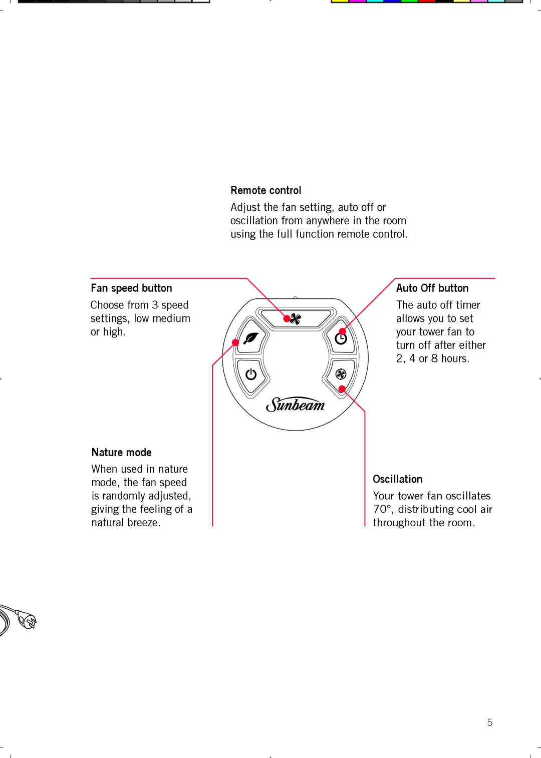 Sunbeam FA7500 manual Fan speed button, Nature mode, Remote control, Auto Off button, Oscillation 