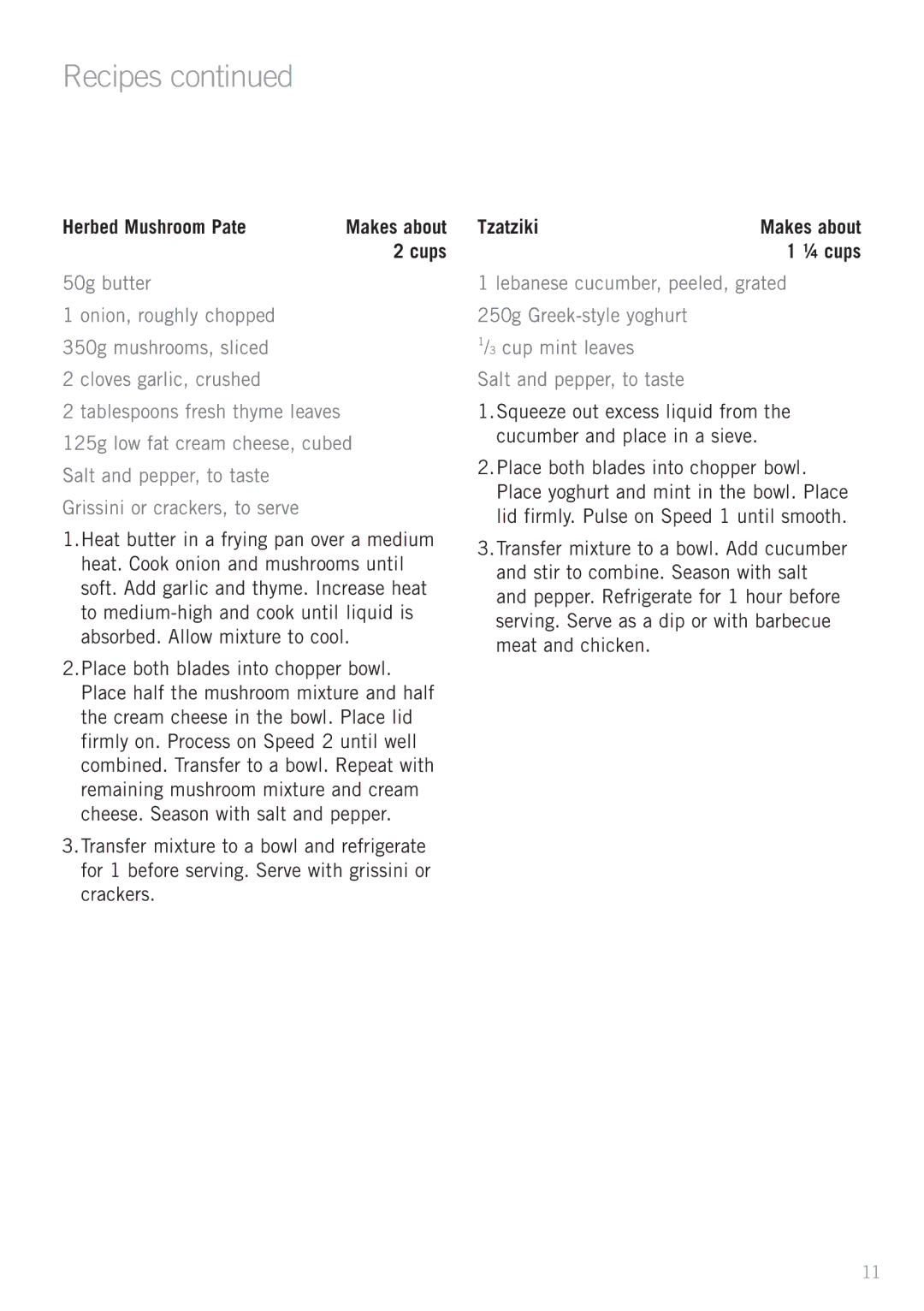 Sunbeam FC7500 manual Herbed Mushroom Pate, Cups, Tzatziki 