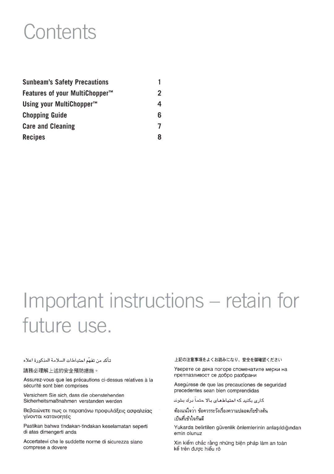 Sunbeam FC7500 manual Contents, Important instructions retain for future use 